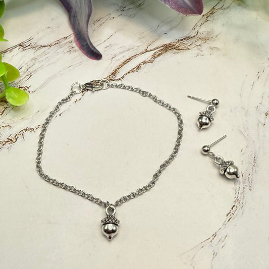Acorn Harvest Autumn Charm Silver Doll Necklace and Earrings Set | for 18 Inch Fashion Dolls