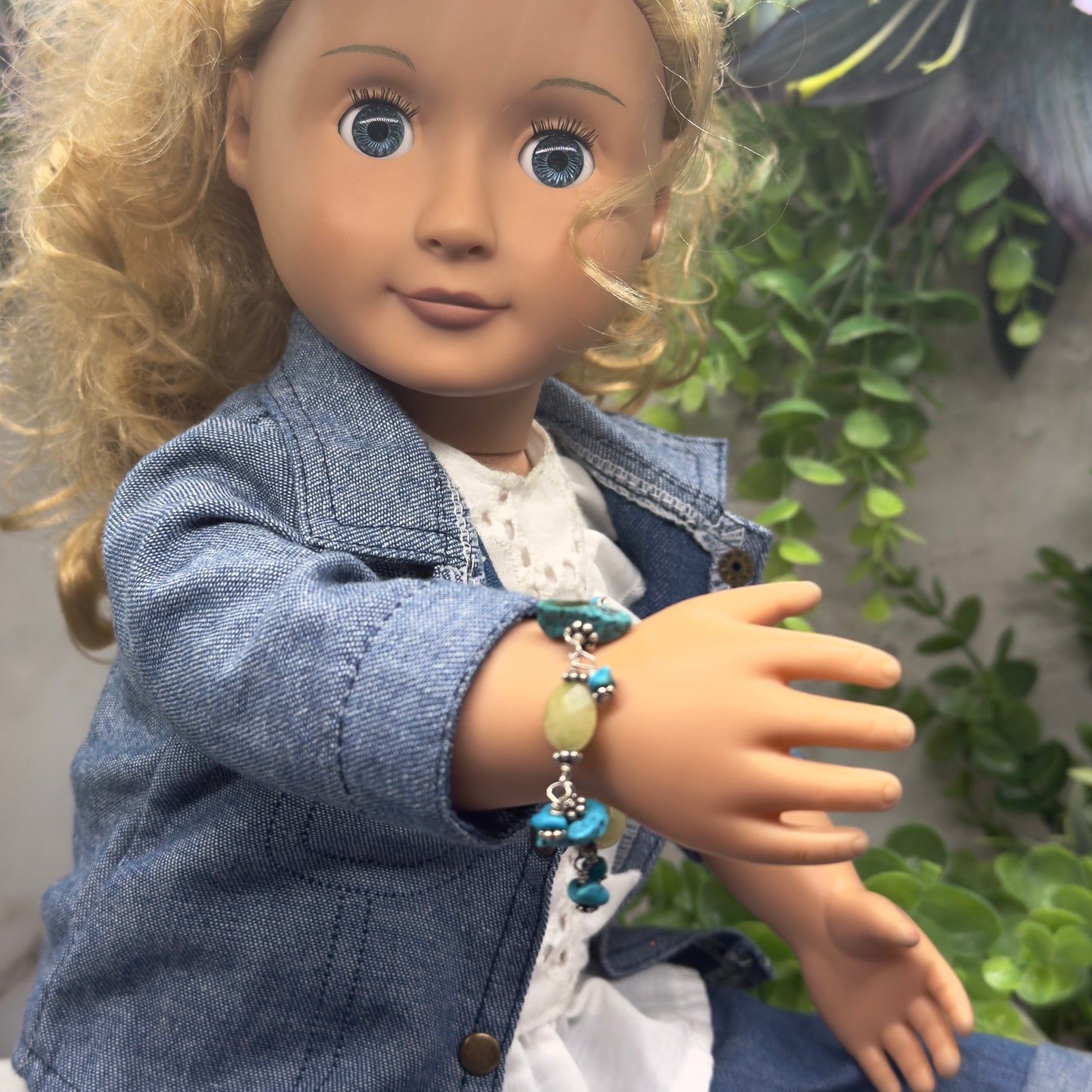 Light Green Turquoise Blue Beaded Dangle Doll Bracelet • 18 Inch Doll Jewelry