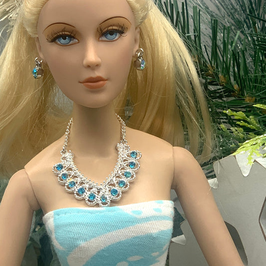 Turquoise Rhinestone Silver Collar Doll Necklace Earring Set • 16” Doll Jewelry