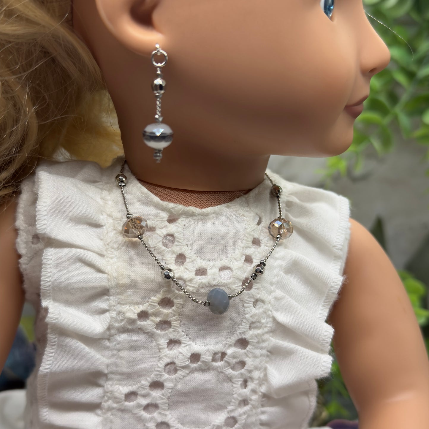 Gray Metallic Glass Crystal Beaded Silver Chain Doll Necklace• 18 Inch Fashion Doll Jewelry