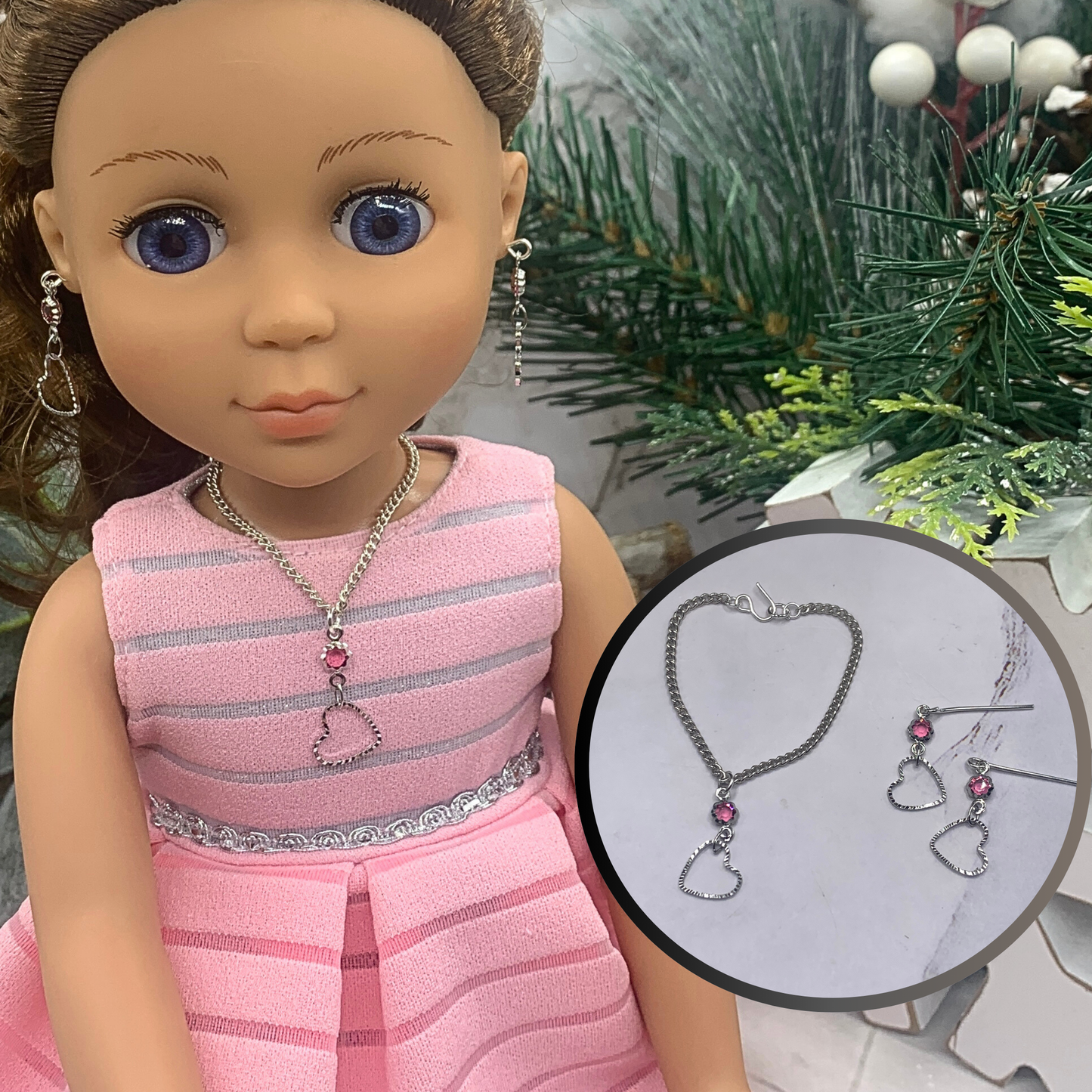 Silver Heart Pink Crystal Silver Doll Necklace Earring Set for 14” Wellie Wisher