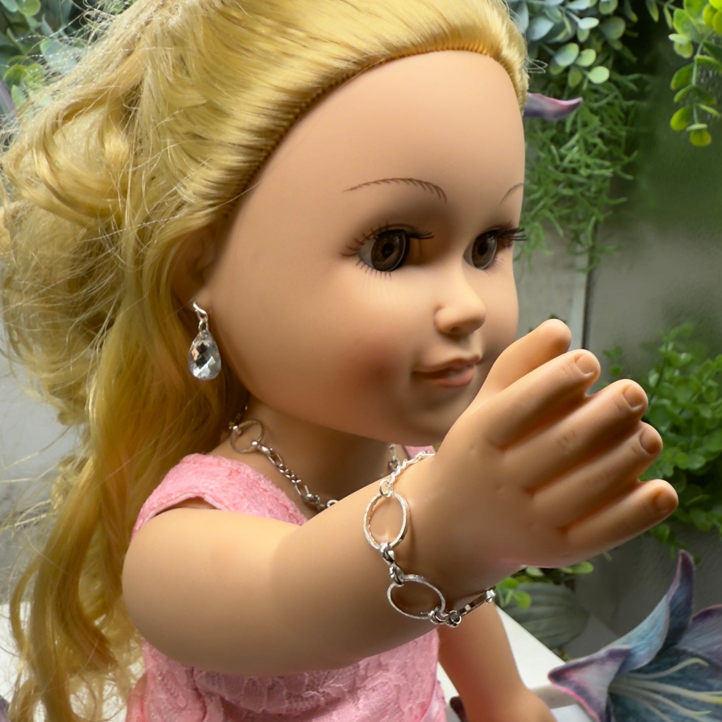 Clear Rhinestone Teardrop Doll Necklace Earring Bracelet Set 18” Doll Jewelry
