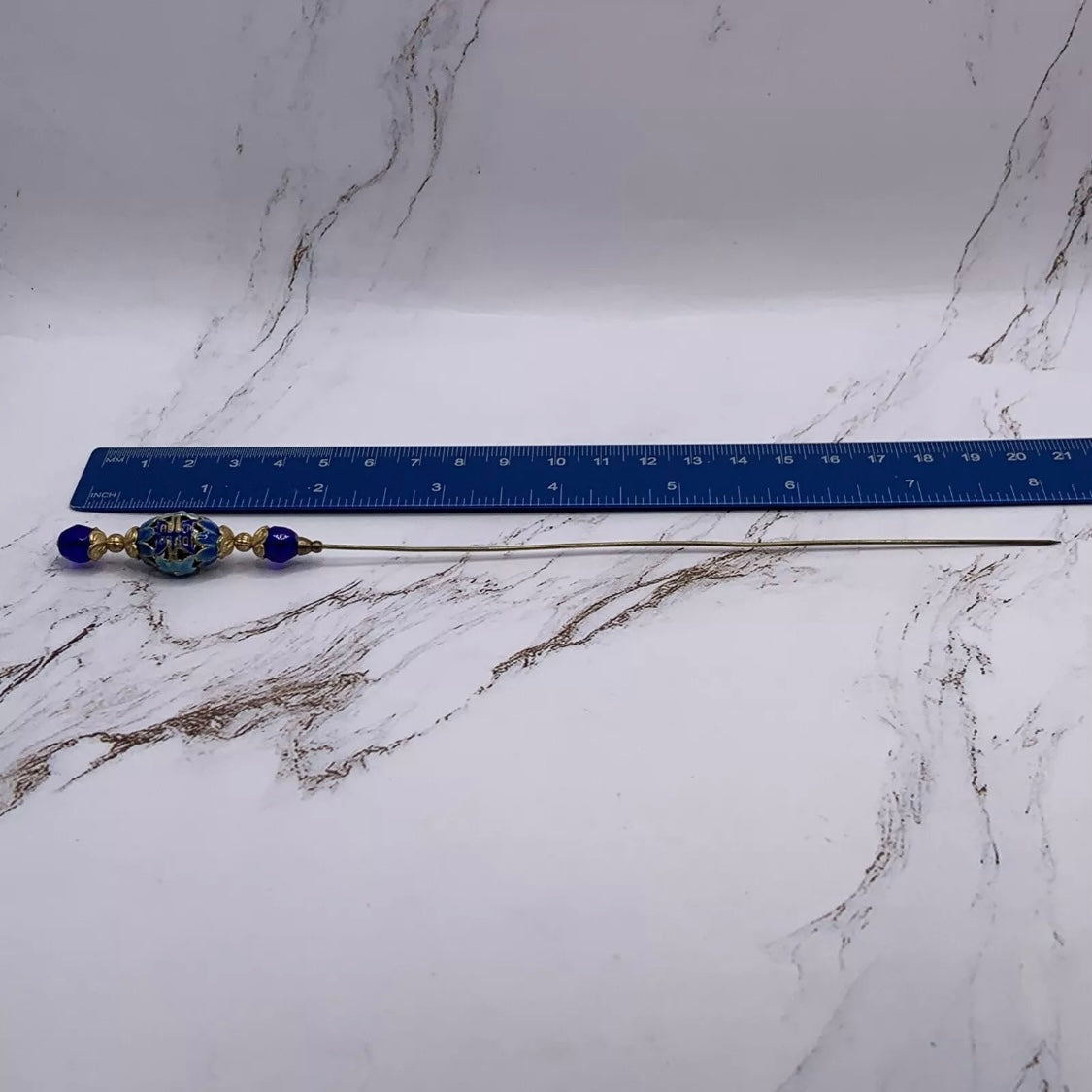 Blue Glass Crystal Metal Cloisonné Enamel Flower Design - 8” • Hatpin