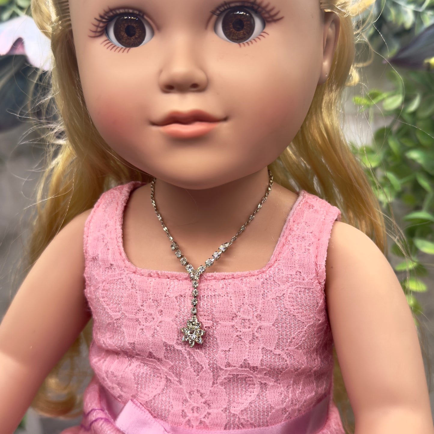 Flower Y Style Rhinestone Silver Doll Necklace • 18 inch Fashion Doll Jewelry