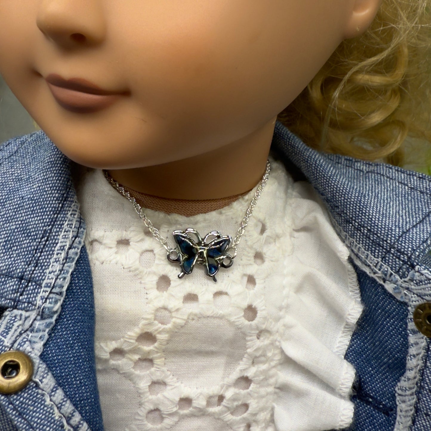 Blue Turquoise Enamel Butterfly Charm Silver Doll Necklace • 18 Inch Fashion Doll Jewelry
