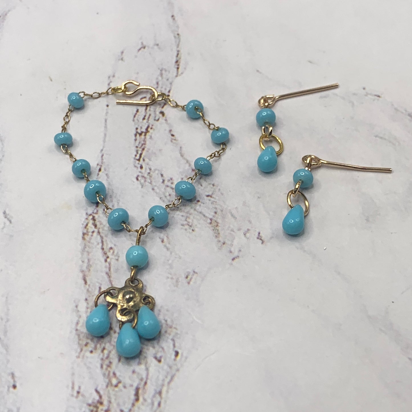 Blue Glass Beaded Pendant Necklace Earring Set • 16 Inch Fashion Doll Jewelry