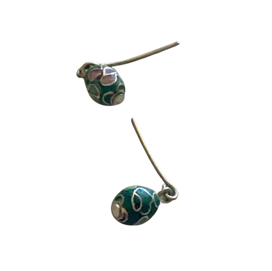 Green Cloisonné Flower Design Dangle Doll Earrings • 14” Fashion Doll Jewelry