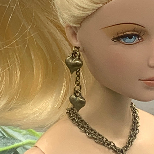 Bronze Heart Charm Chain Dangle Doll Necklace Earring Set • 16” Doll Jewelry