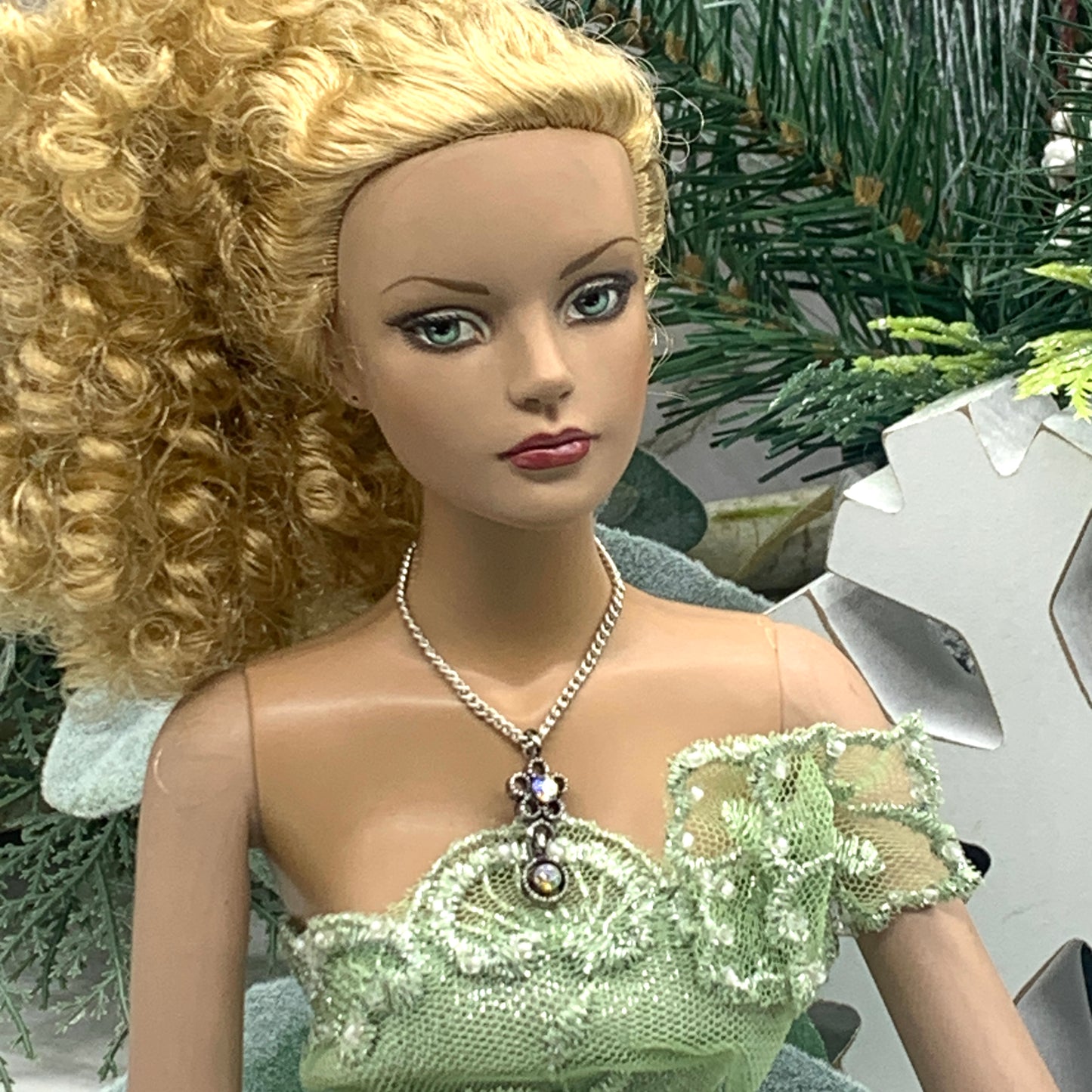 AB Rhinestone Flower Pendant Silver Chain Doll Necklace • 16” Doll Jewelry