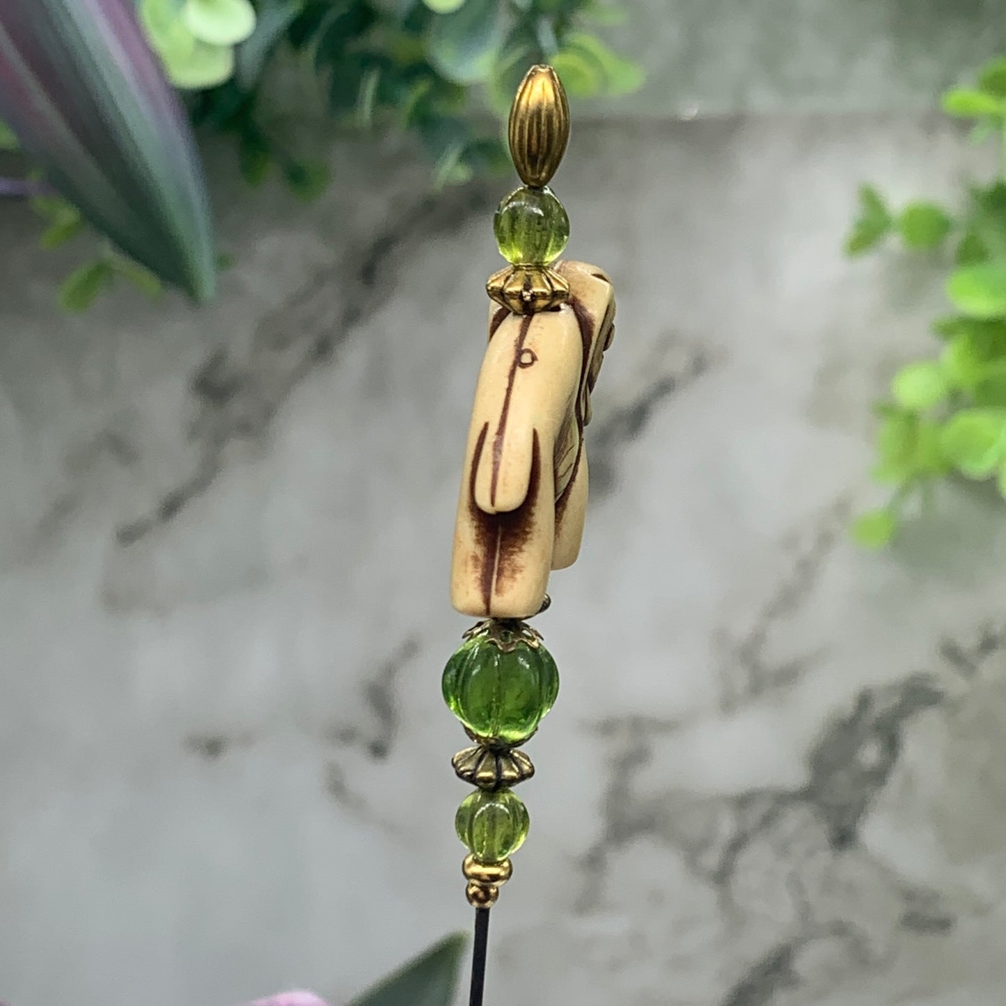 Green Glass Crystal & Elephant Hatpin - Stick Pin • 8” Pin