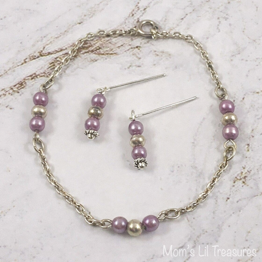 Light Purple Lilac Pearl Silver Necklace Earrings Set • 18 inch Fashion Doll Jewelry