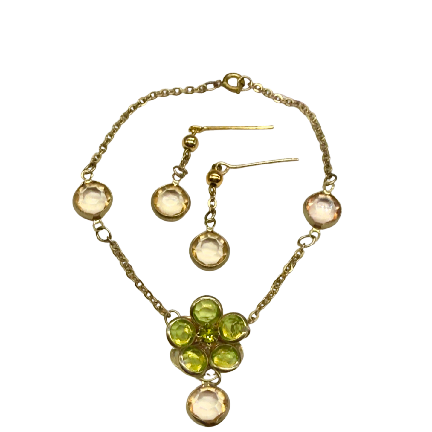 Green Yellow Crystal Flower Doll Necklace Earring Set • 18 Inch Doll Jewelry