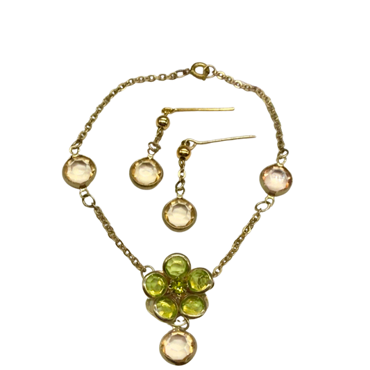 Green Yellow Crystal Flower Doll Necklace Earring Set • 18 Inch Doll Jewelry