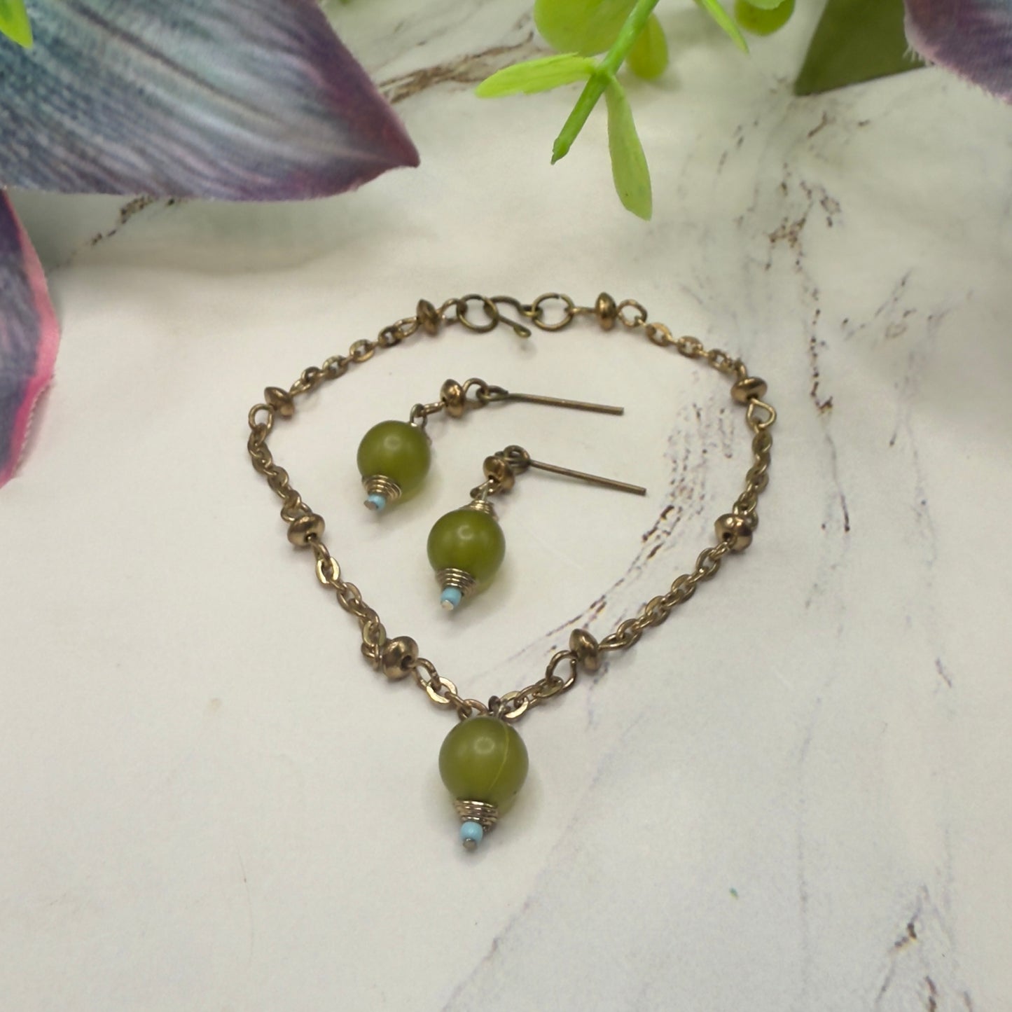 Light Olive Green Drop Gold Chain Doll Necklace & Earrings Set • 18 Inch Fashion Doll Jewelry