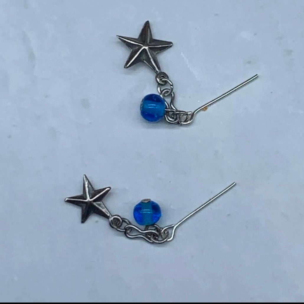 Blue Glass Silver Star Dangle Doll Earrings • 18 Inch Fashion Doll Jewelry