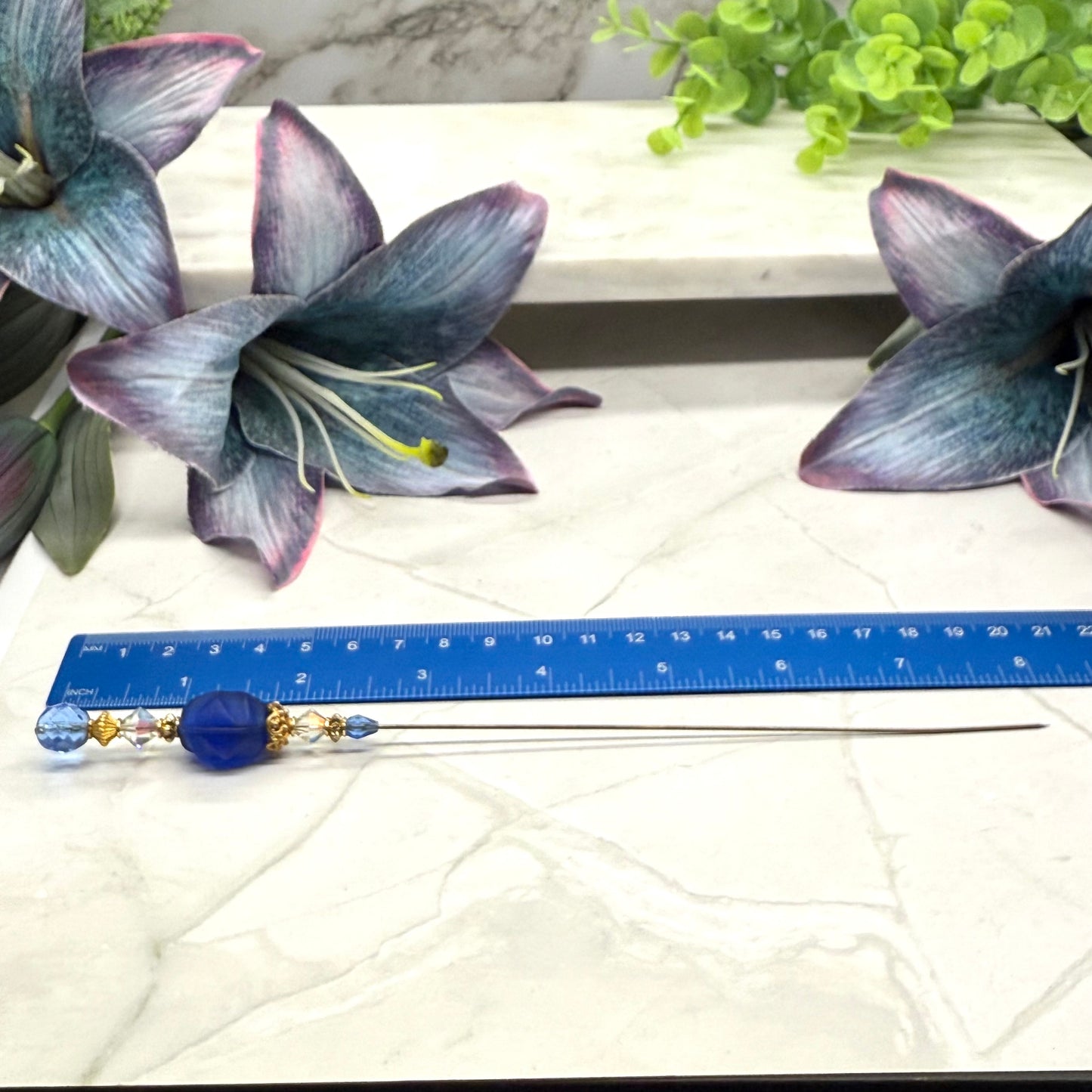 Blue & Clear Crystal Gold Filigree Accent • 8” Hatpin / Stick Pin