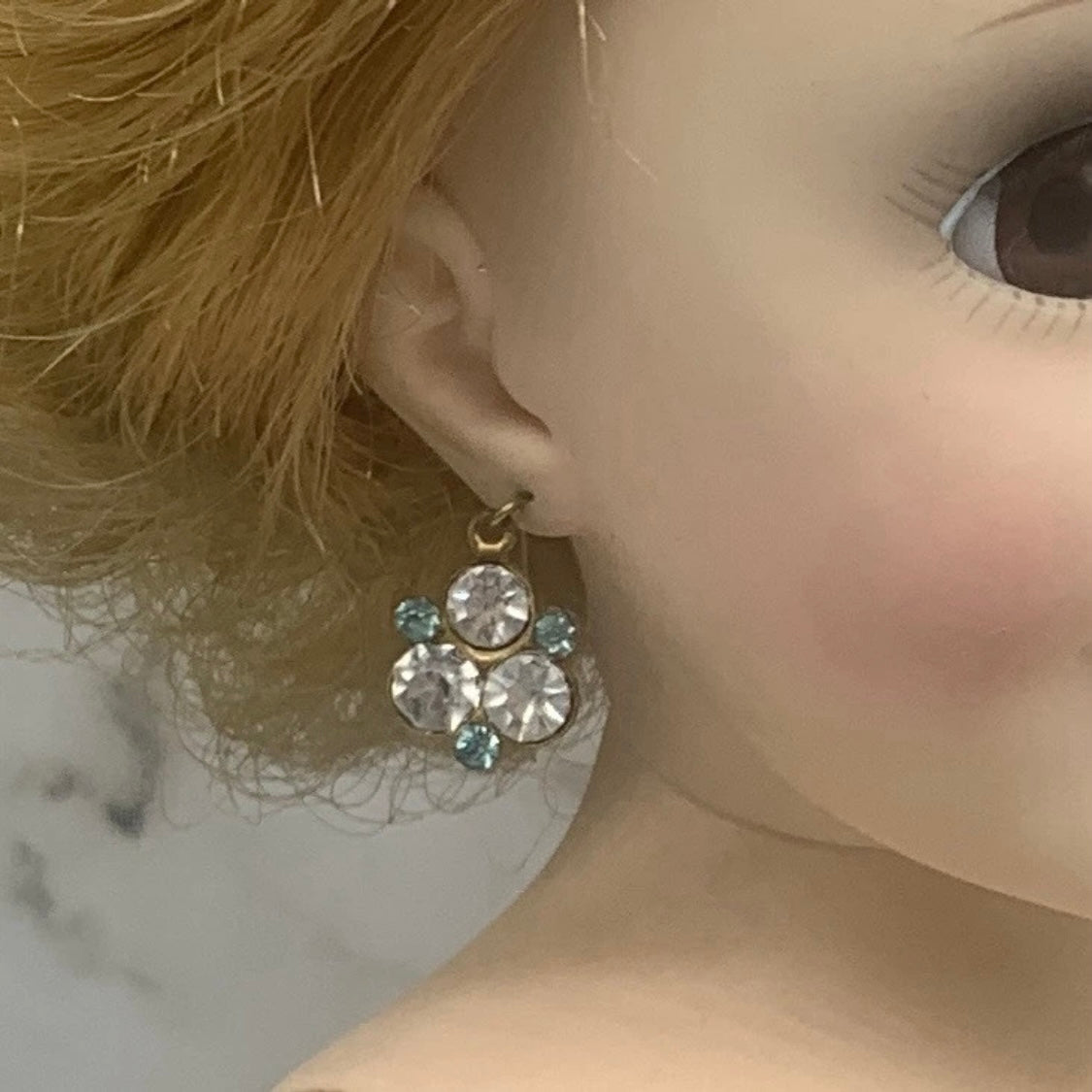 Blue & Clear Rhinestone Dangle Doll Earrings for 18-22” Vintage Doll Jewelry