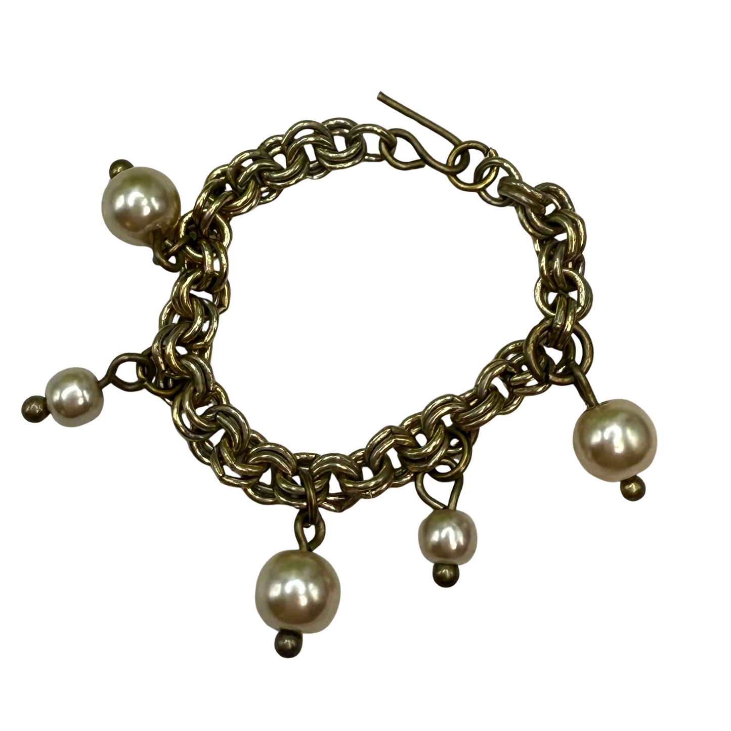 Gold Brass Tone Chain Pearl Dangles Doll Charm Bracelet • 18 Inch Fashion Doll Jewelry