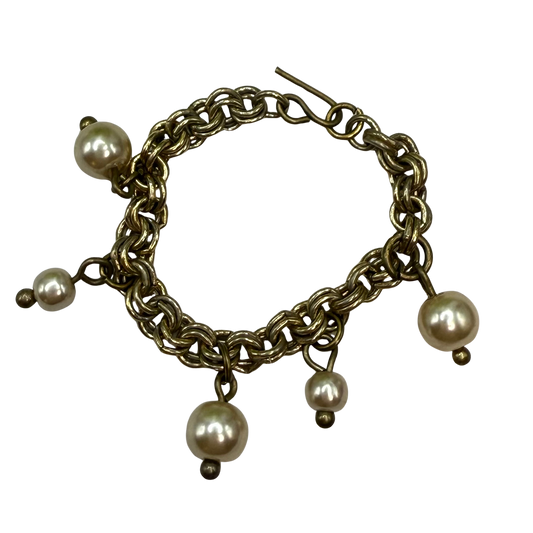 Gold Brass Tone Chain Pearl Dangles Doll Charm Bracelet • 18 Inch Fashion Doll Jewelry