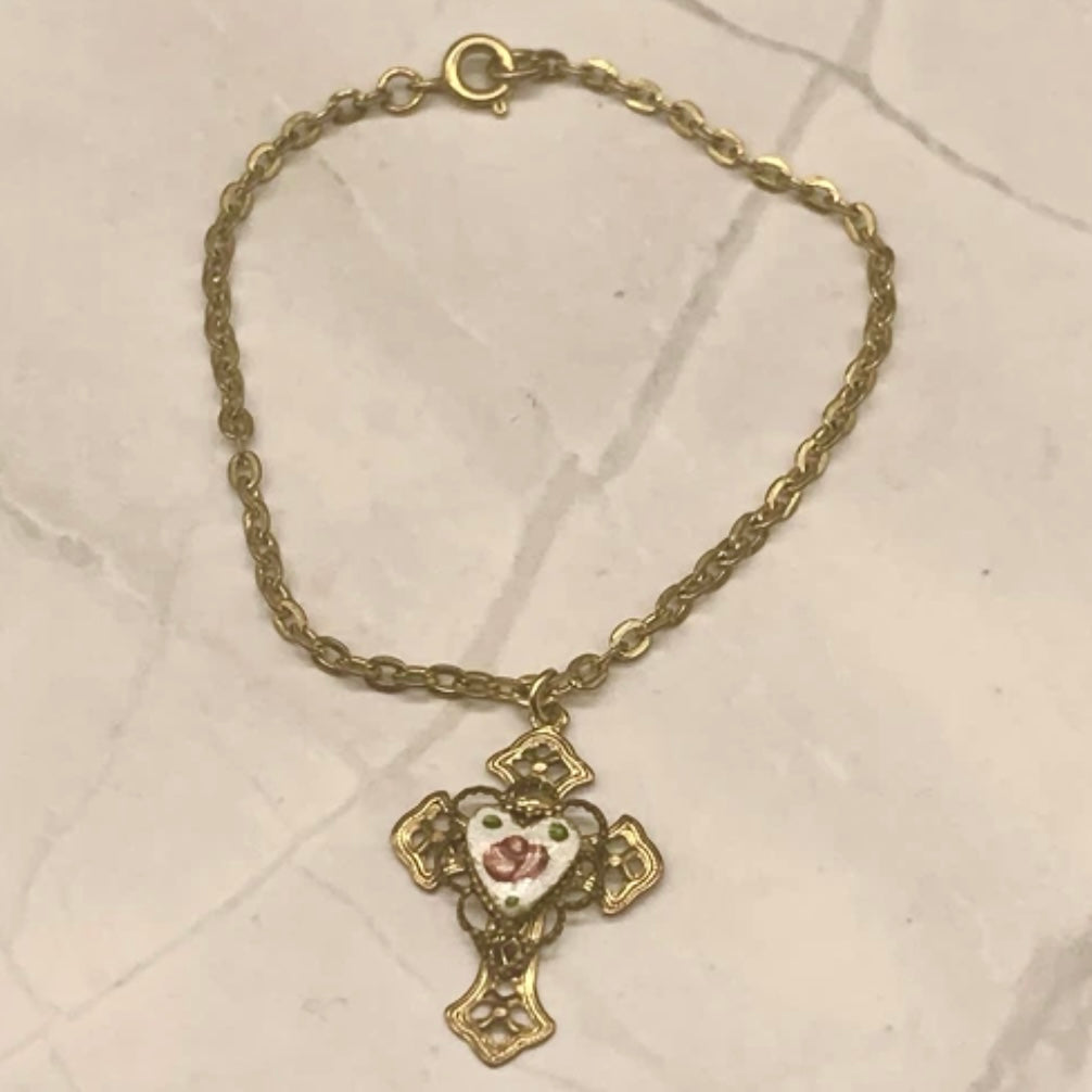 White Enamel Pink Rose Heart Design Gold Filigree Cross Pendant Doll Necklace • 18” Doll Jewelry