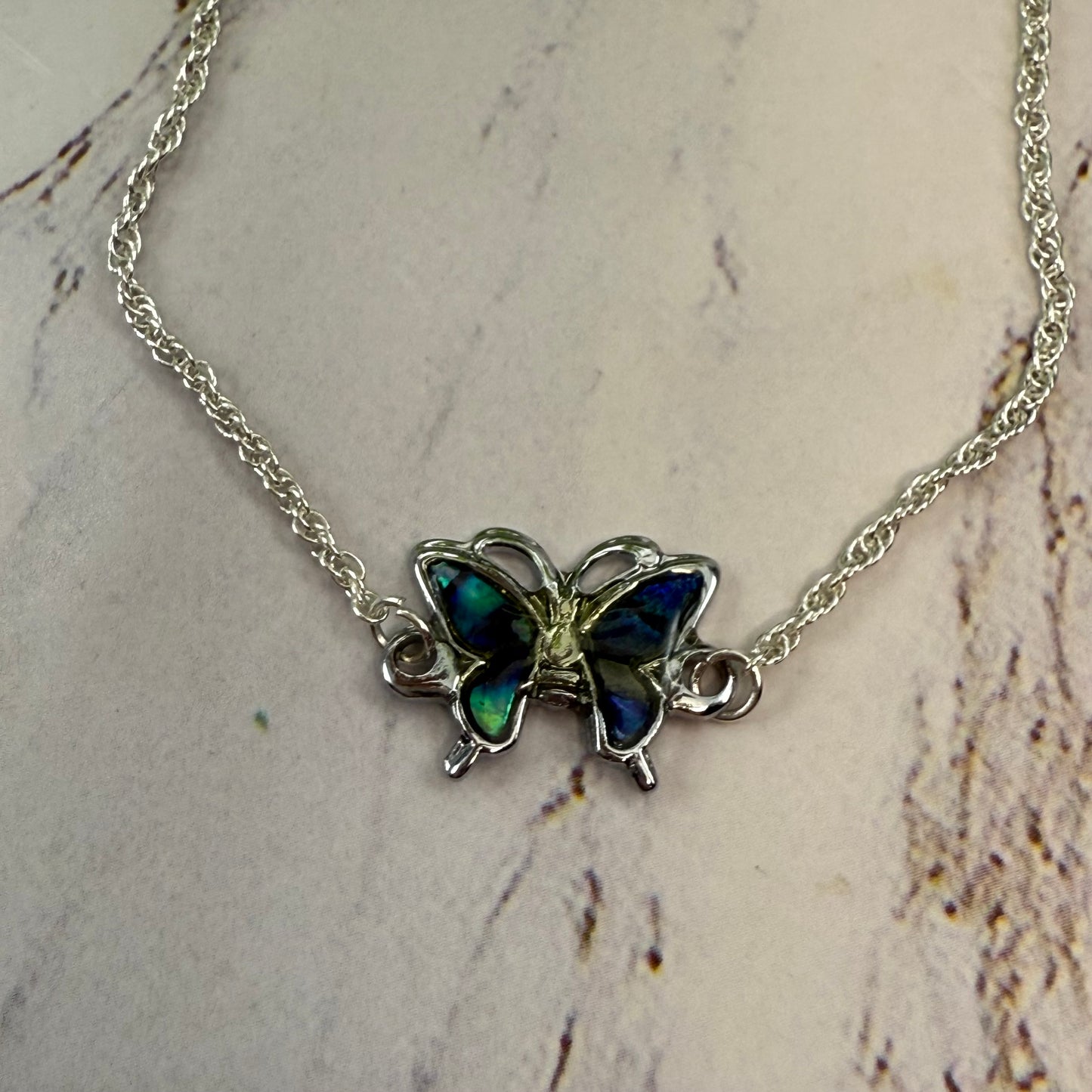 Blue Turquoise Enamel Butterfly Charm Silver Doll Necklace • 18 Inch Fashion Doll Jewelry