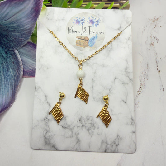 White Bead Gold Flag Dangle Doll Necklace & Earrings Set for 18 Inch Fashion Doll