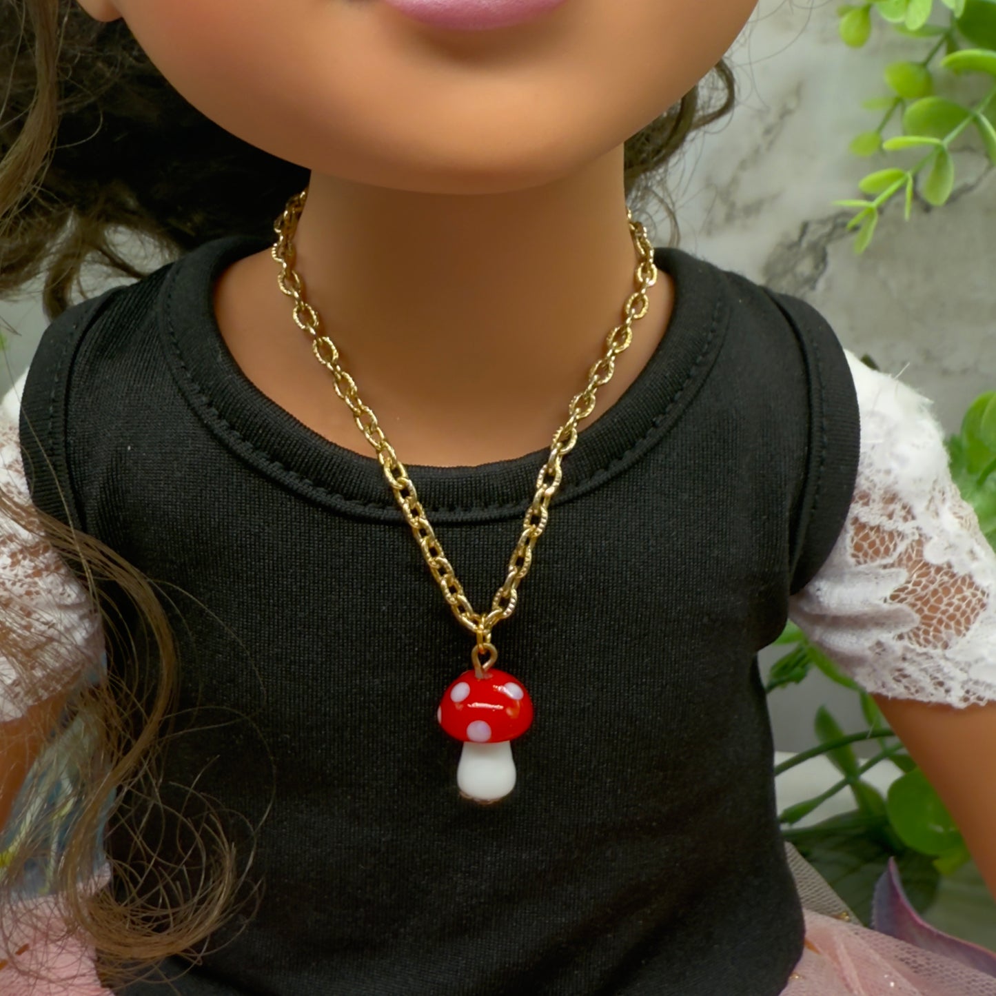 Red White Glass Mushroom Pendant Doll Necklace • 18 Inch Fashion Doll Jewelry