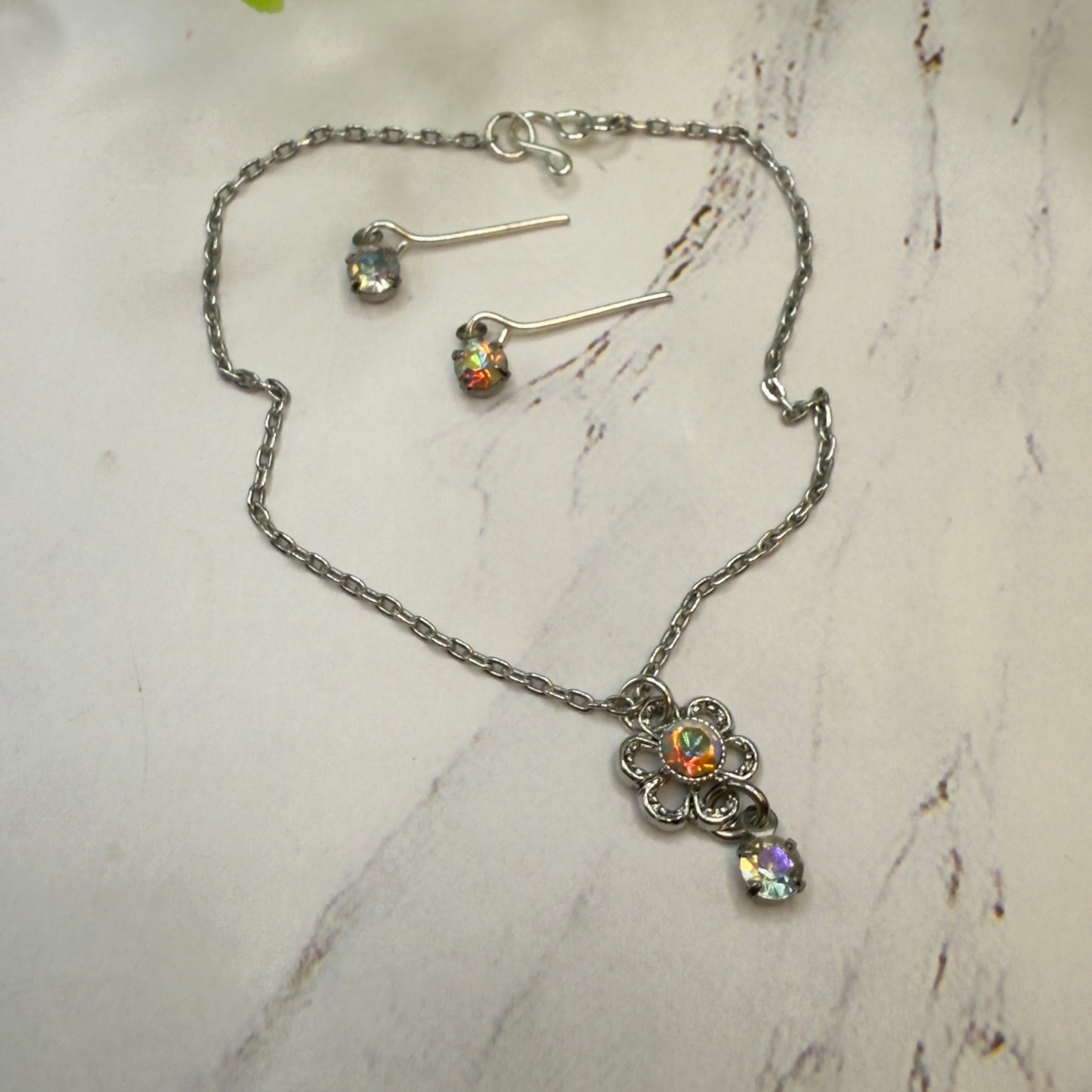 AB Rhinestone Flower Pendant Doll Necklace & Earrings Set• 18 Inch Fashion Doll Jewelry