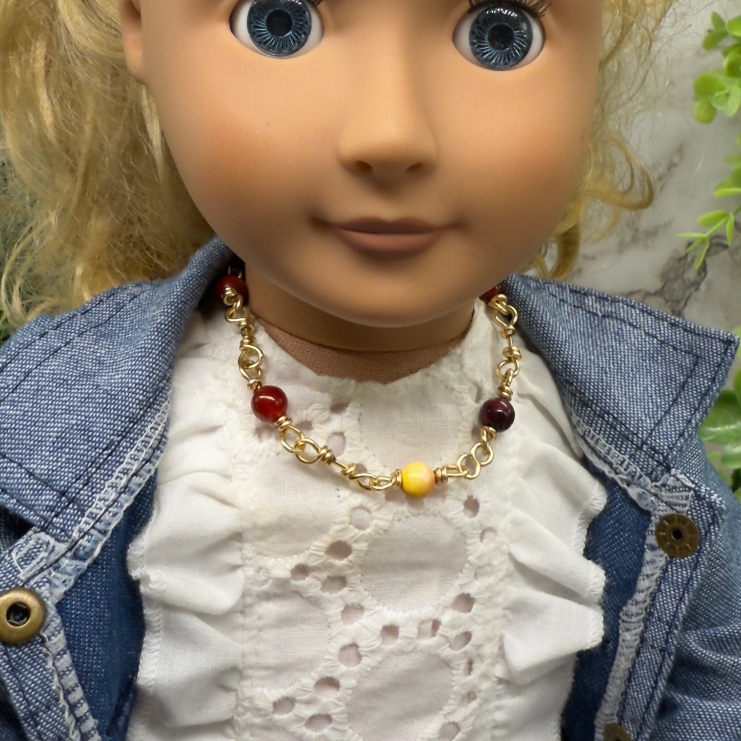 Red Coral Glass Bead & Gold Twist Link Doll Necklace • 18 Inch Fashion Doll Jewelry