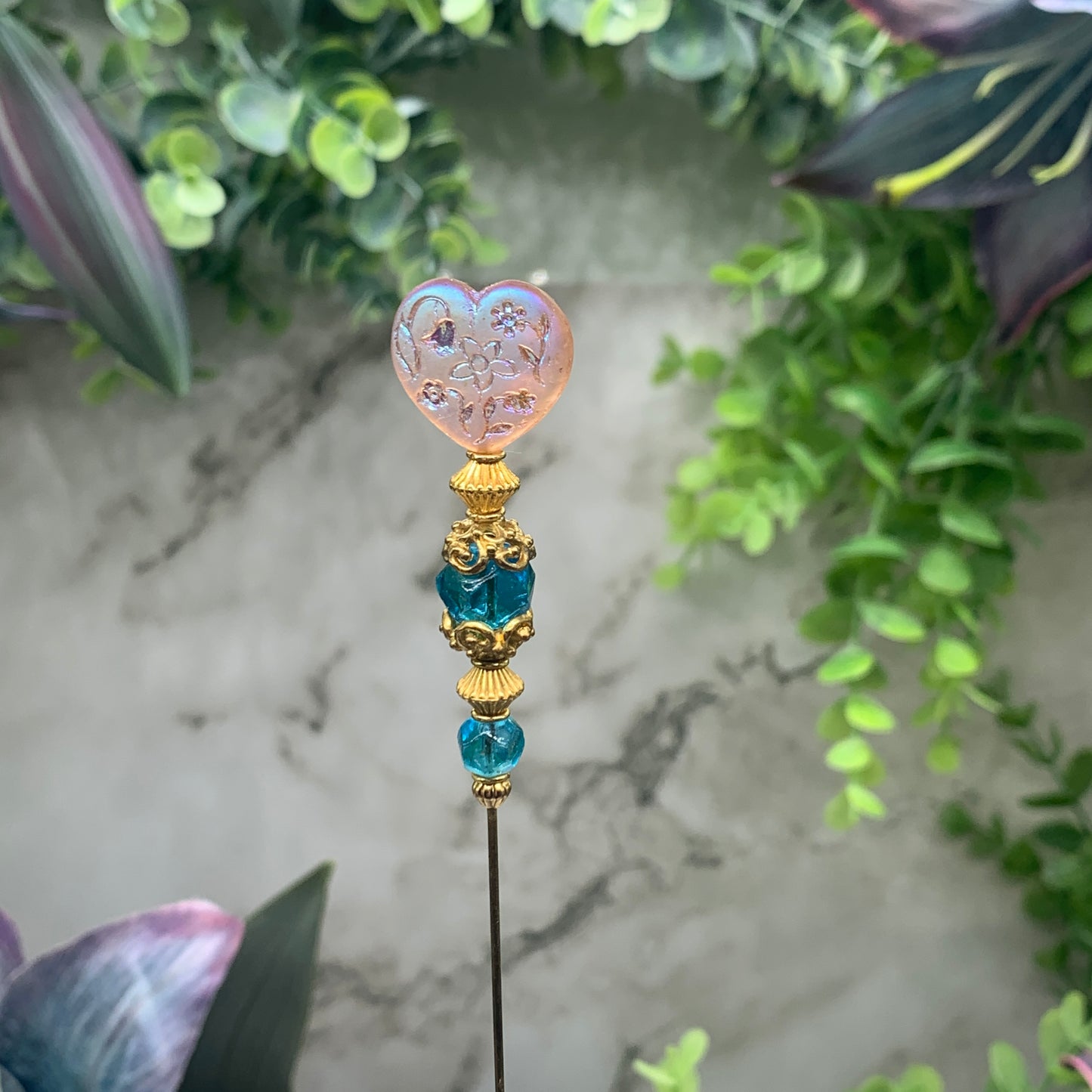 Turquoise Blue Crystal Pink Rainbow & Etched Flower Design Heart 8.25” Hatpin
