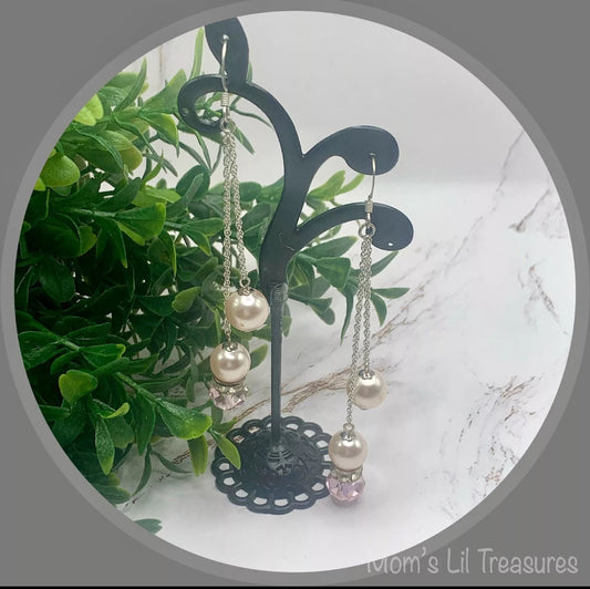 Pink Crystal Faux Pearl Rhinestone Silver Tone Chain Dangle Earrings - Handmade
