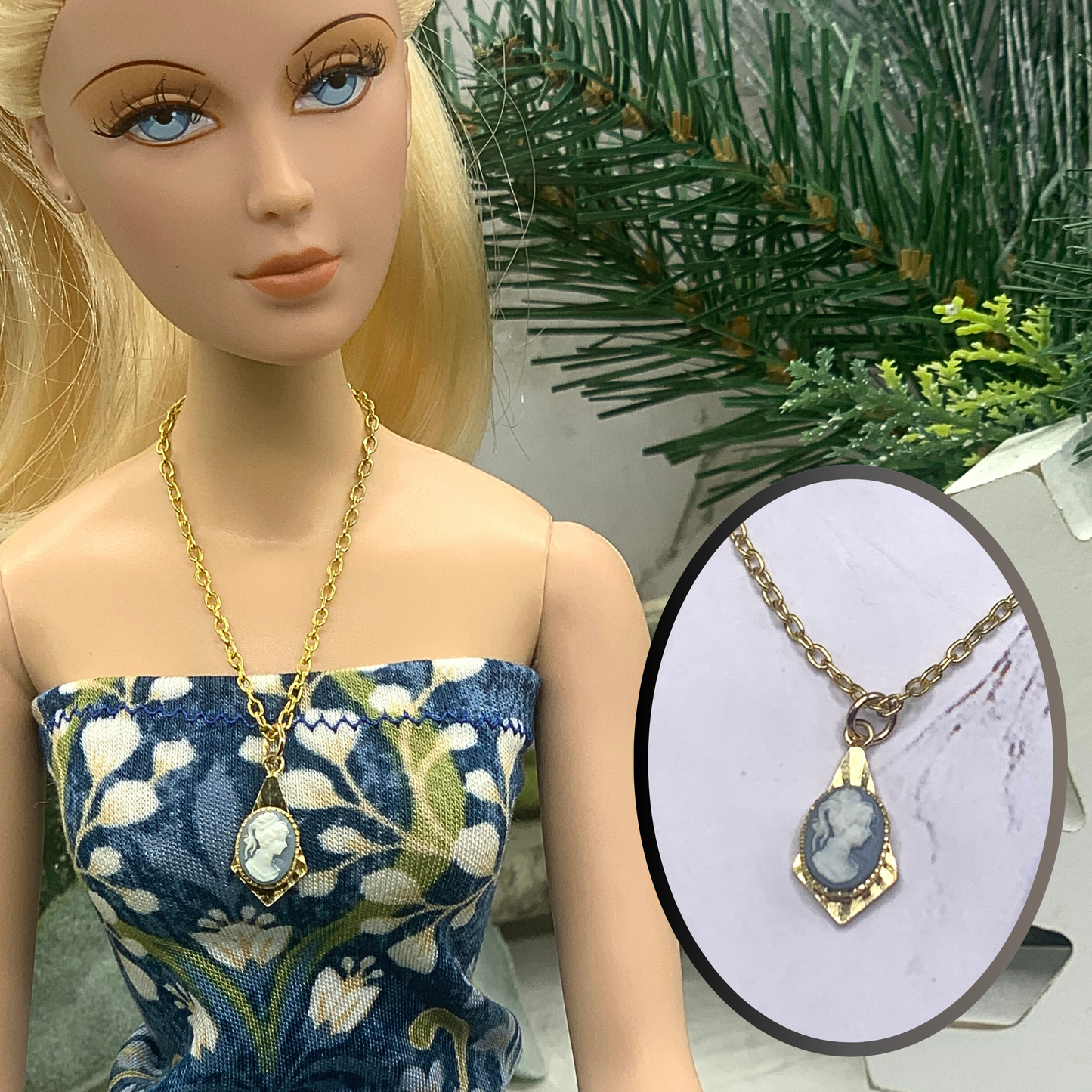 Blue Cameo Pendant Gold Chain Doll Necklace • 16 Inch Fashion Doll Jewelry