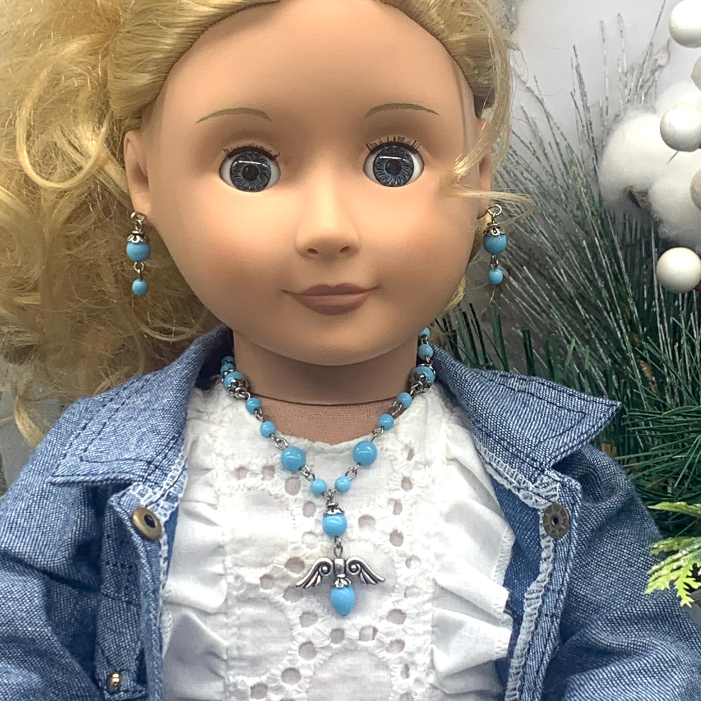 Blue Glass Bead Silver Angel Wings Pendant Necklace Earring Set 18” Doll Jewelry