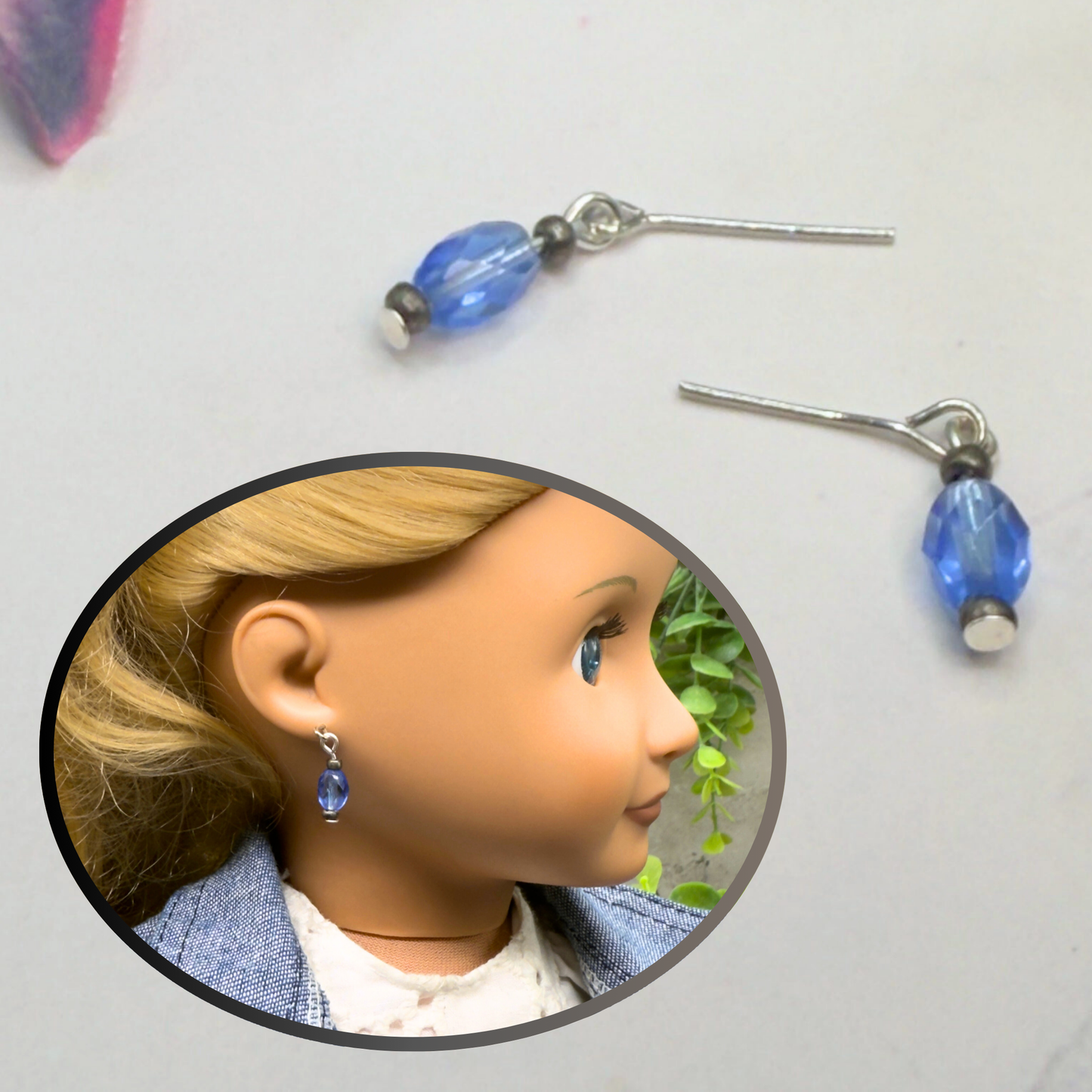Blue Glass Crystal Dangle Doll Earrings• 18 Inch Fashion Doll Jewelry