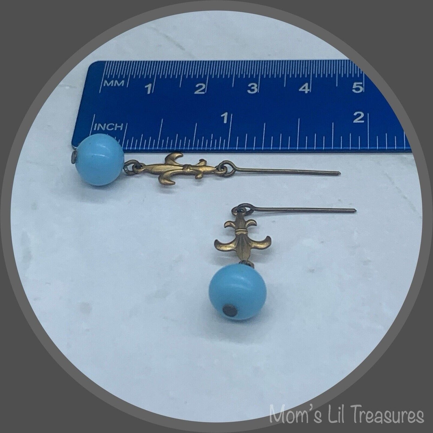 Round Blue Glass & Gold Fleur-de-lis Dangle Doll Earrings • 18” Doll Jewelry