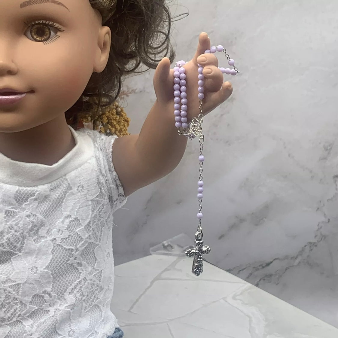 Catholic Rosary Doll Size Light Purple Beaded Silver Cross
