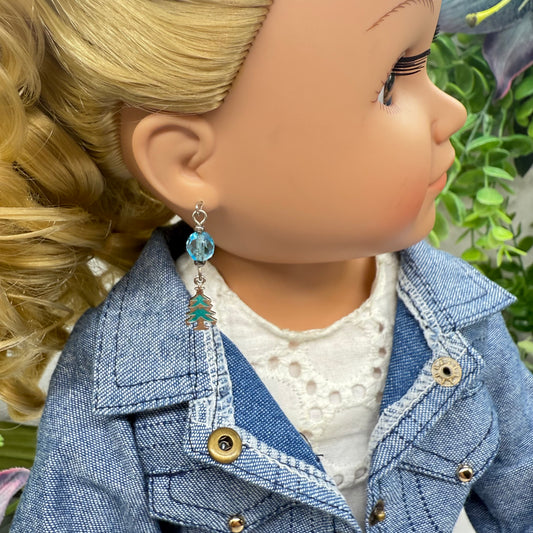 Winter Tree Turquoise Blue Glass Crystal Dangle Doll Earrings • 18 Inch Fashion Doll Jewelry
