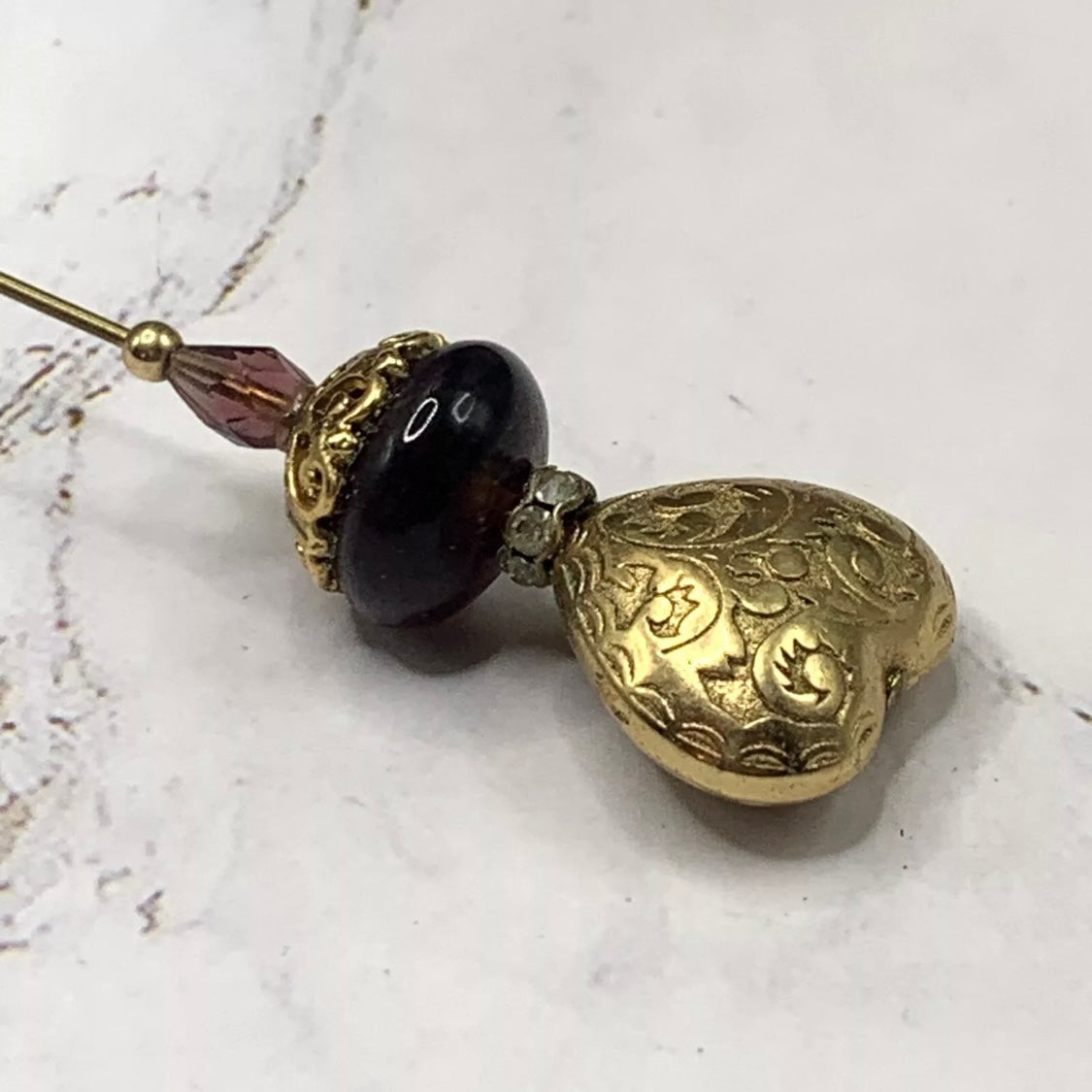 Gold Filigree Design Heart Burgundy Red Glass Rhinestone - 6” Pin • Hatpin