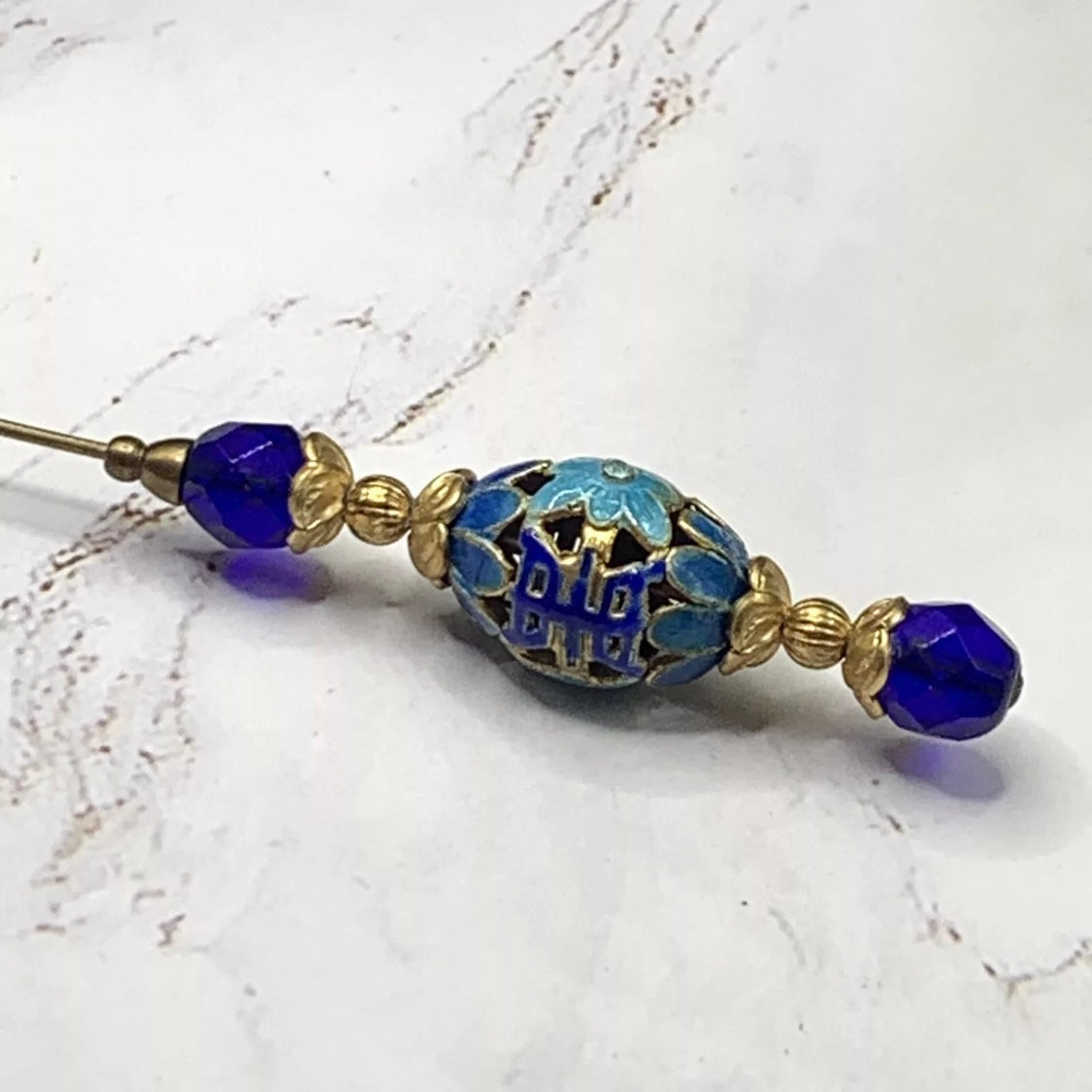 Blue Glass Crystal Metal Cloisonné Enamel Flower Design - 8” • Hatpin