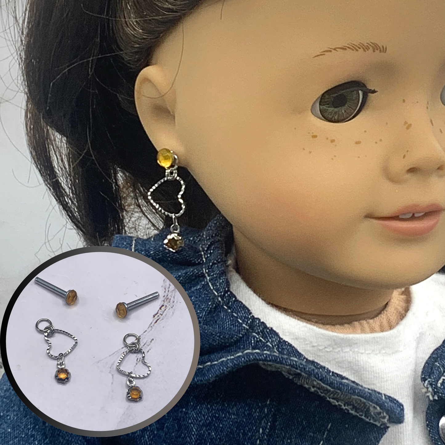 Golden Amber Rhinestone Post Silver Heart Doll Earring fits 18” American Girl