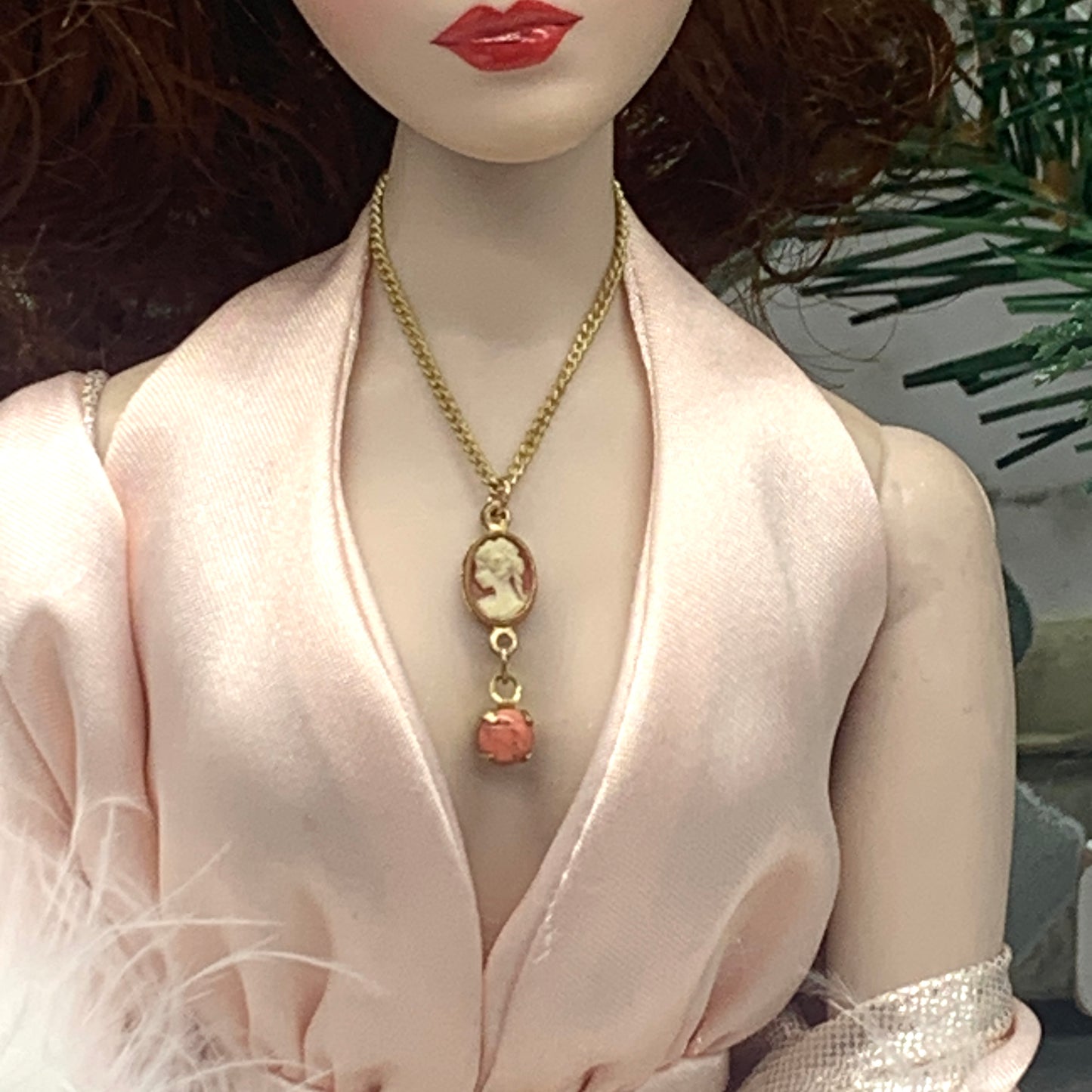 Coral Cameo Pendant Gold Chain Doll Necklace • 16” Fashion Doll Necklace