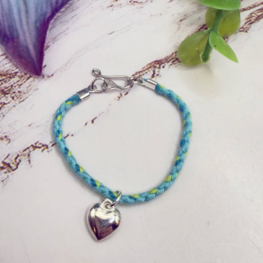Turquoise Blue Green Braided Thread Doll Necklace w/ Silver Heart Charm • 14 Inch Fashion Doll Jewelry