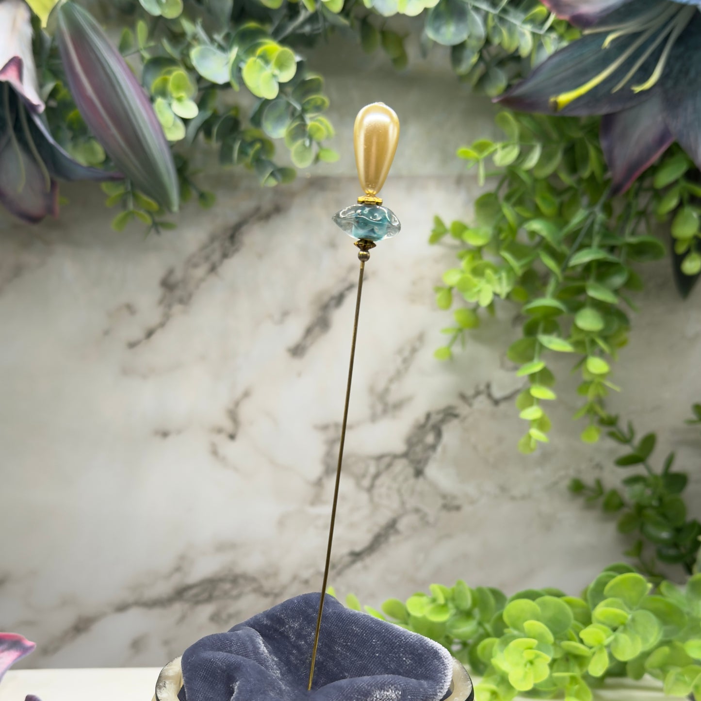 Teardrop Pearl Translucent Blue Green Gold Accent • 8” Pin Hatpin - Stick Pin