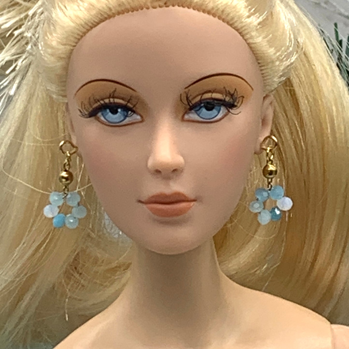 Turquoise Blue Glass Flower Dangle Doll Earrings • 16 Inch Fashion Doll Jewelry