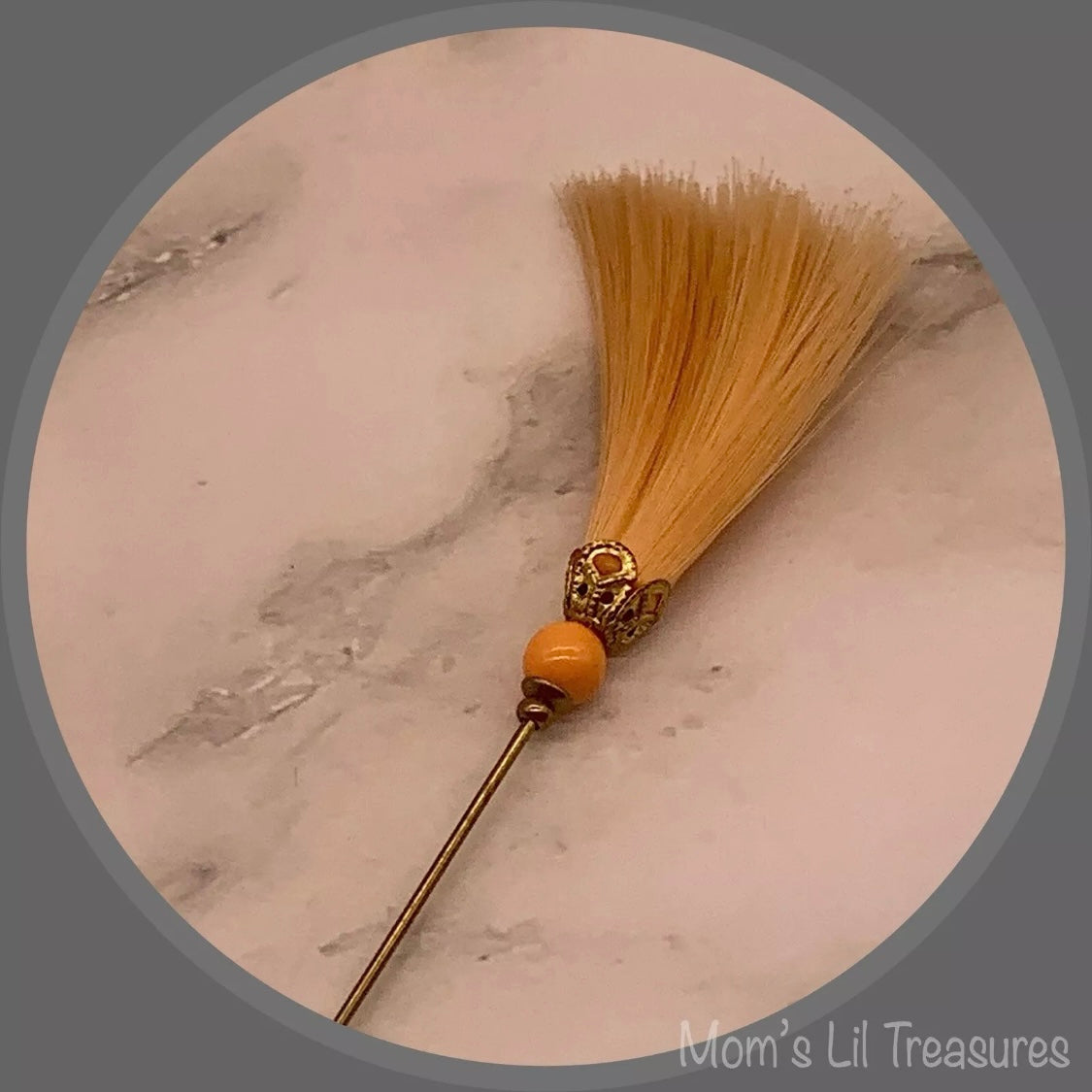 Peach Orange Fiber Tassel Broom Gold Tone Filigree • 7.25” Hatpin - Stick Pin