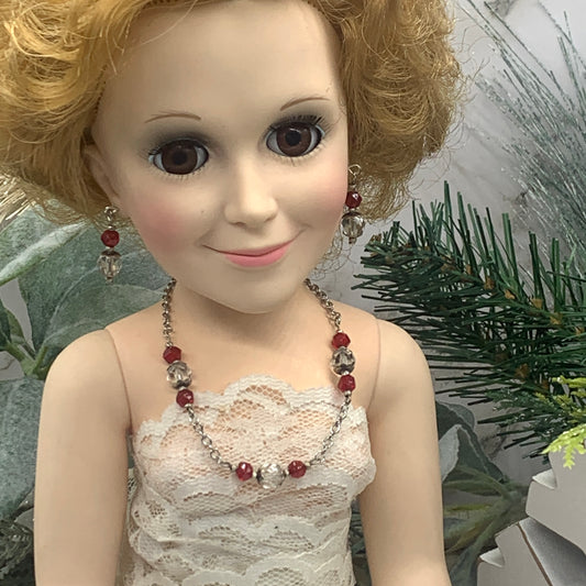 Red Clear Glass Crystal Silver Chain Necklace Earring Set 18-22” Doll Jewelry for 18-22” Doll Jewelry