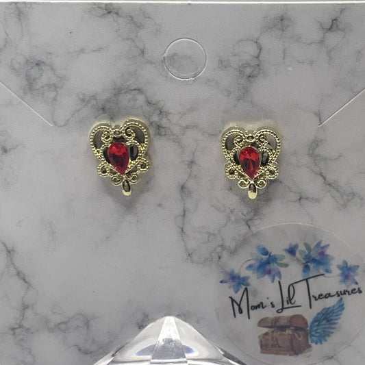 Gold Filigree Red Rhinestone Heart Post Doll Earrings • 18 Inch Doll Jewelry