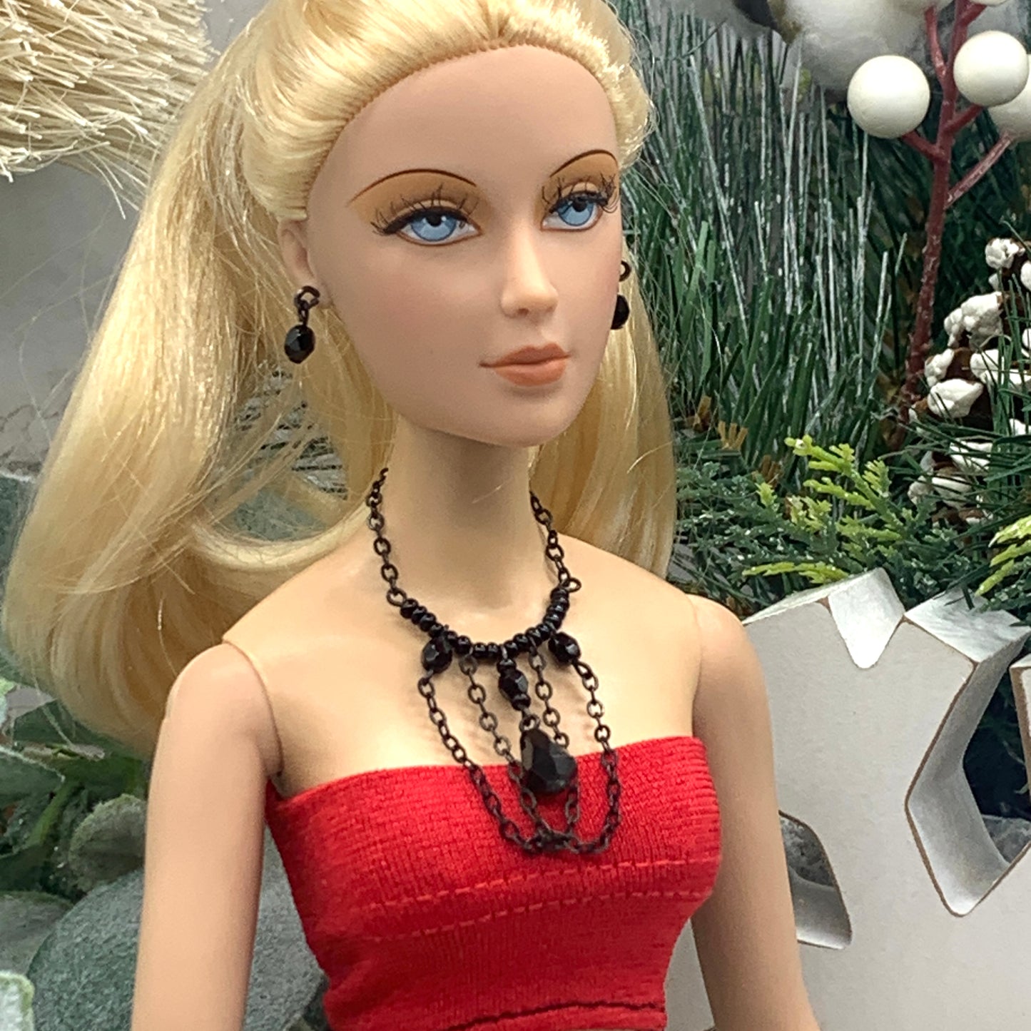 Black Crystal Chain Doll Necklace Earring Set • 16 Inch Fashion Doll Jewelry