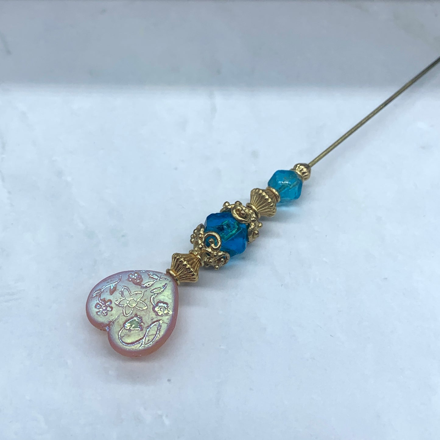 Turquoise Blue Crystal Pink Rainbow & Etched Flower Design Heart 8.25” Hatpin