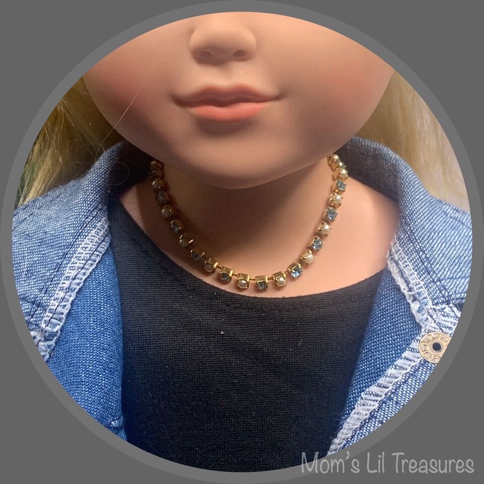 Turquoise Rhinestone & Pearl Doll Necklace • 18 Inch Fashion Doll Jewelry